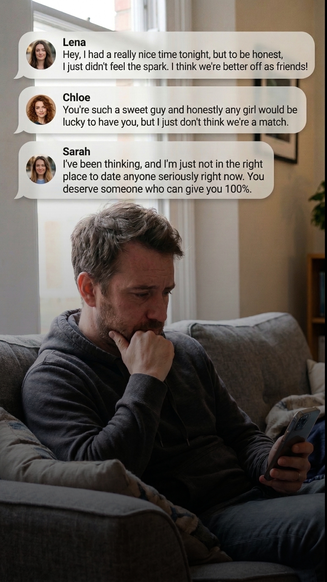 Man struggling with dating rejections on his phone